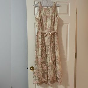 Tahari ASL size 6 high low ivory, gold and pink cocktail dress.